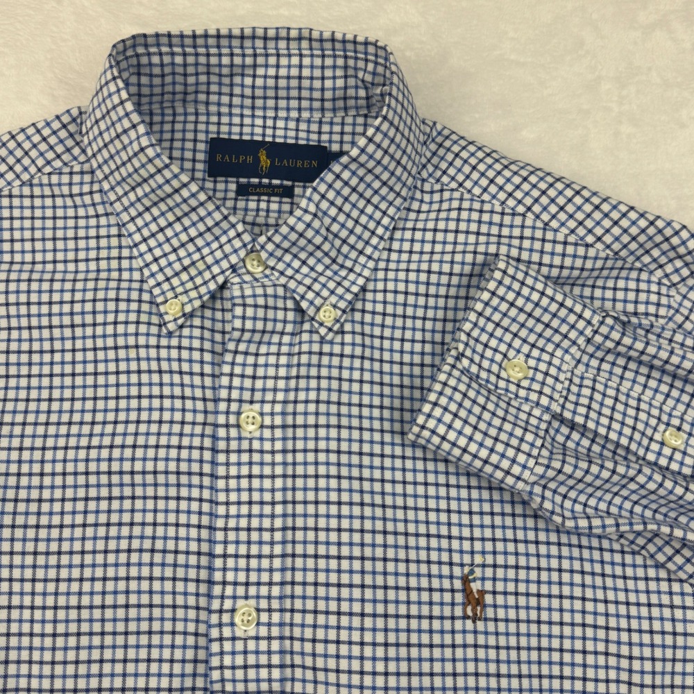 Ralph Lauren Classic Fit Mens Large Blue White Check Cotton Button Down Shirt